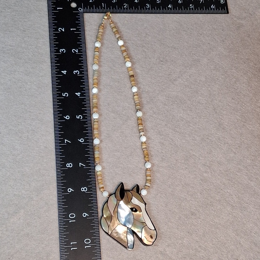 Vintage Mother of Pearl Abalone Shell Horse Head Inlay Necklace Heishe Beaded - Picture 3 of 10